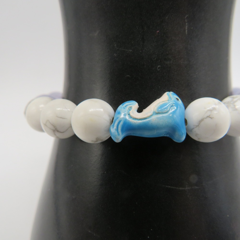 Blue Dolphin Ceramic Bead Bracelet White Howlite Lavender Stone Stretch